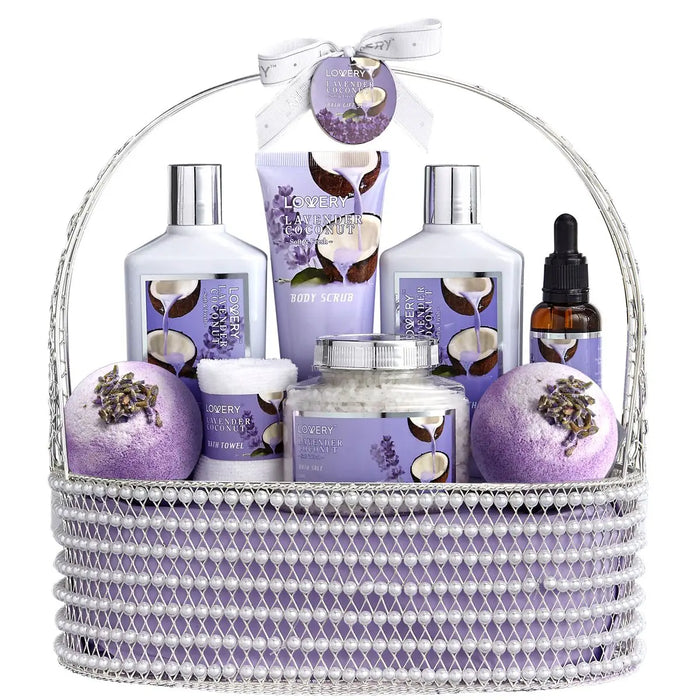 HOME SPA GIFT SET - HANDMADE PEARL BASKET, LAVENDER COCONUT