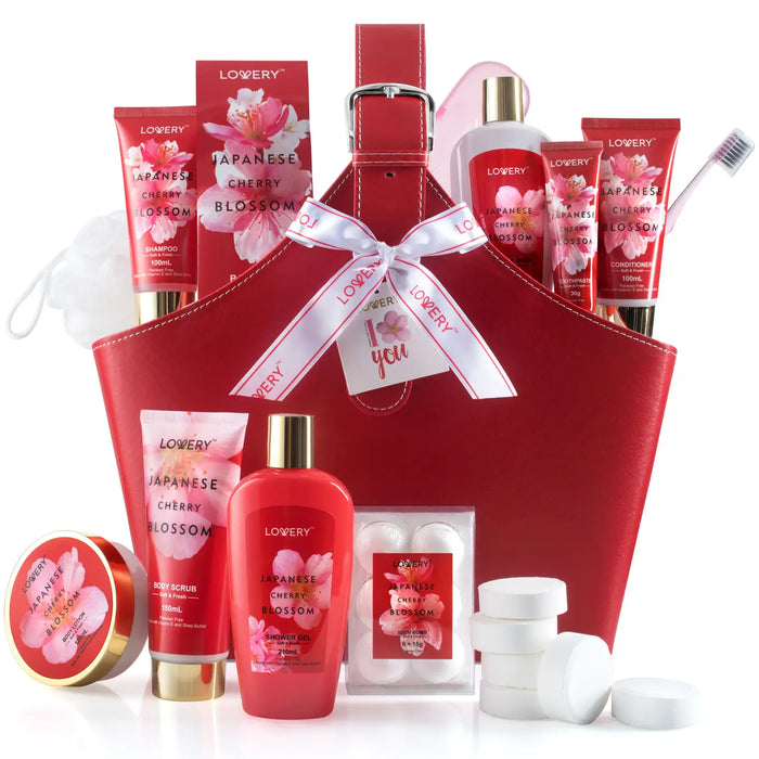 JAPANESE CHERRY BLOSSOM BATH SET, 25PC SPA LEATHER BAG
