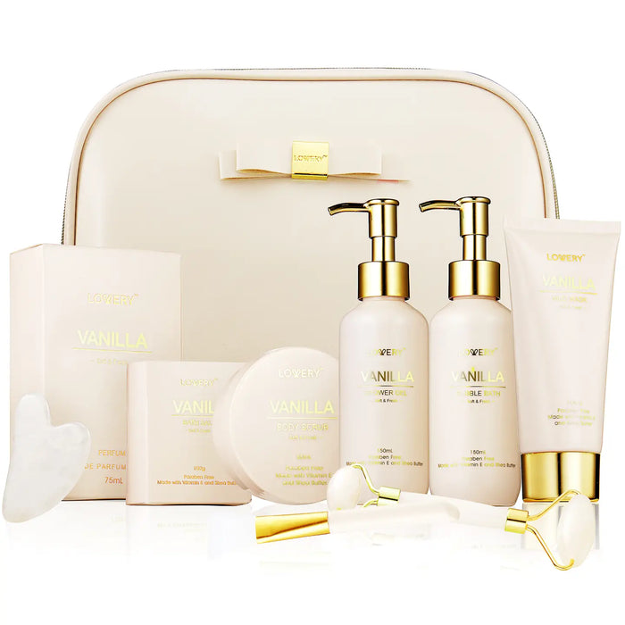 LUXURY SPA KIT PREMIUM VANILLA BATH AND BODY IN LEATHER BAG