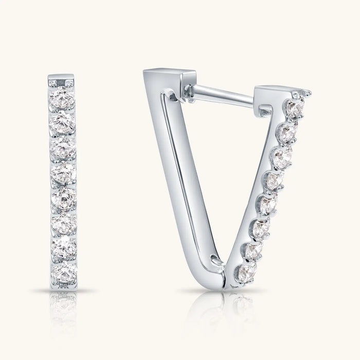 14K SOLID GOLD V-SHAPE HUGGIE HOOP DIAMOND EARRING