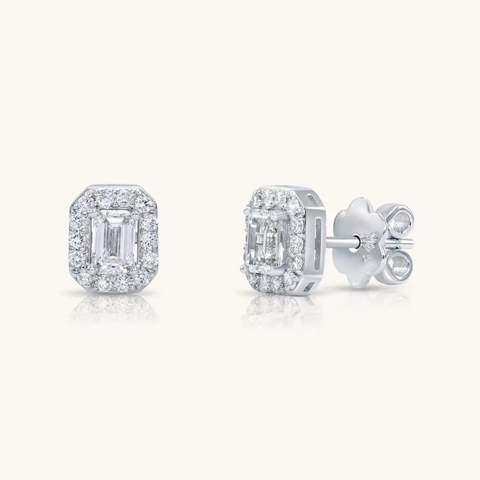 14K SOLID GOLD AND DIAMOND EMERALD STUD EARRINGS - PUSH BACK