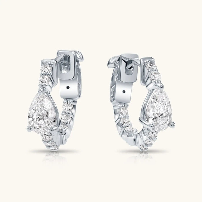 14K GOLD DIAMOND HOOP EARRINGS WITH PEAR SHAPE DIAMONDS
