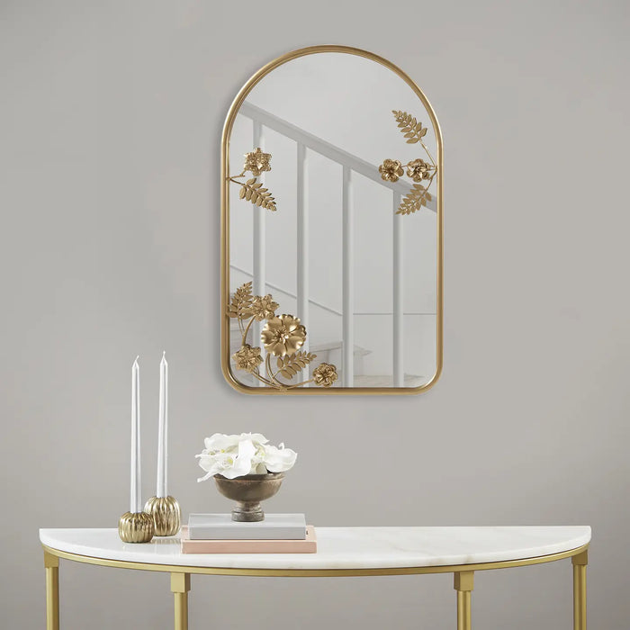 GOLD FLORAL IRON FRAMED ARCHED METAL WALL MIRROR HOME DECOR