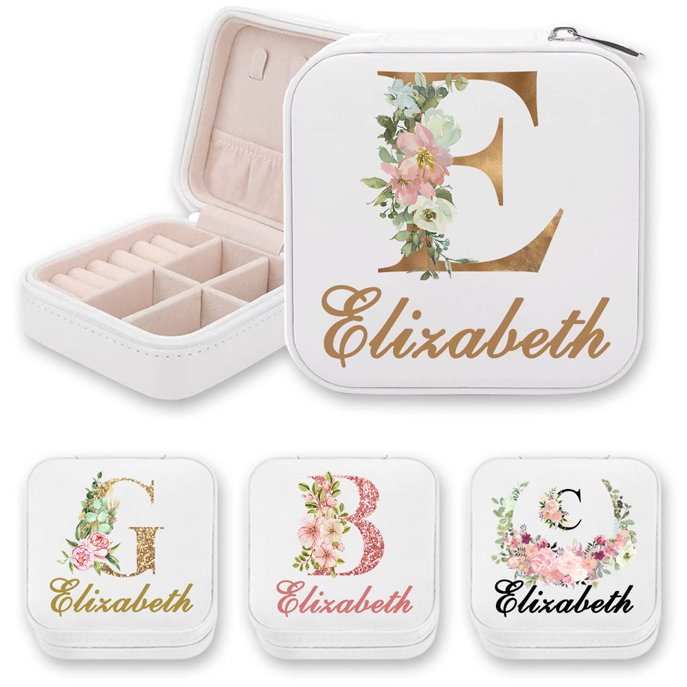 INITIAL & NAME JEWELRY TRAVEL CASE WITH FLOWERS