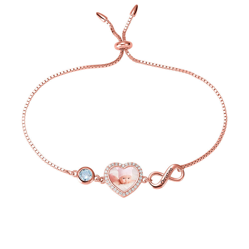 PERSONALIZED HEART PHOTO BRACELET WITH BIRTHSTONE IN ROSE GOLD