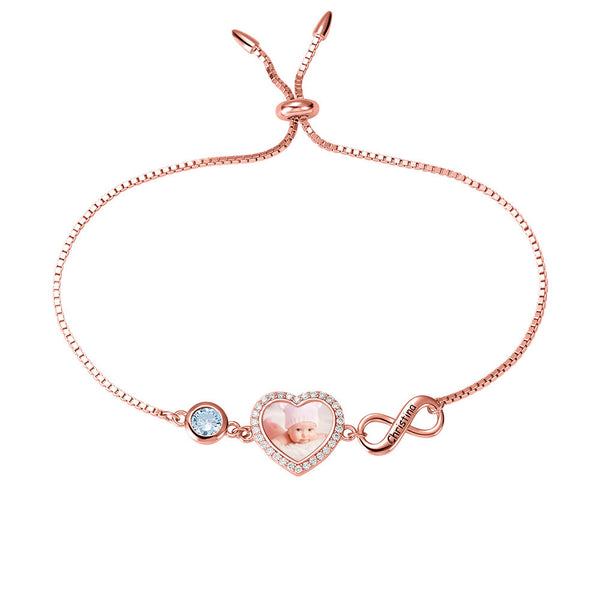 PERSONALIZED HEART PHOTO BRACELET WITH BIRTHSTONE IN ROSE GOLD