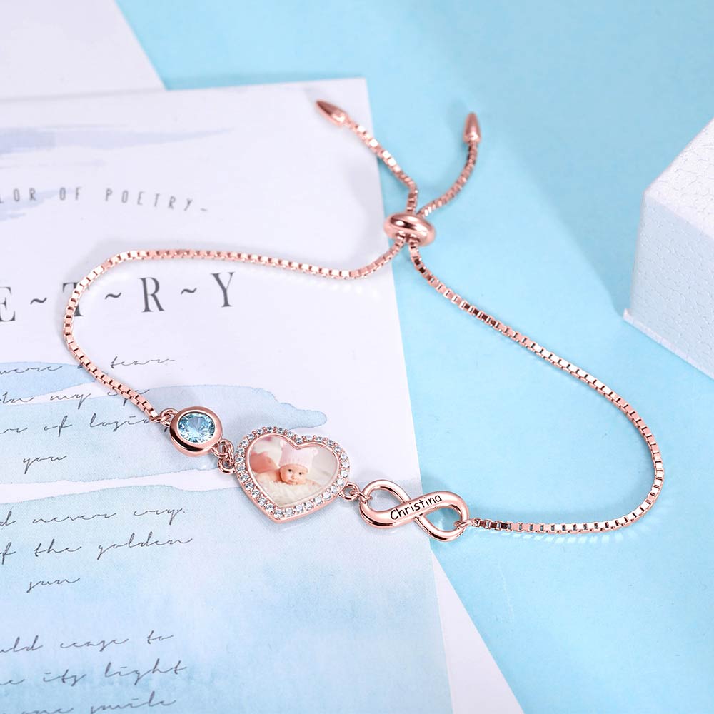 PERSONALIZED HEART PHOTO BRACELET WITH BIRTHSTONE IN ROSE GOLD