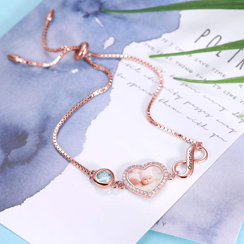 PERSONALIZED HEART PHOTO BRACELET WITH BIRTHSTONE IN ROSE GOLD