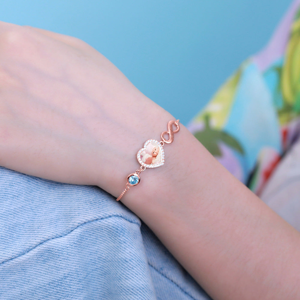 PERSONALIZED HEART PHOTO BRACELET WITH BIRTHSTONE IN ROSE GOLD