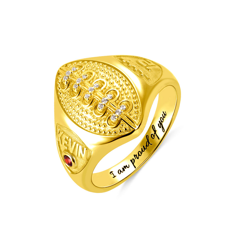 PERSONALIZED FOOTBALL RING WITH BIRTHSTONE AND ENGRAVING