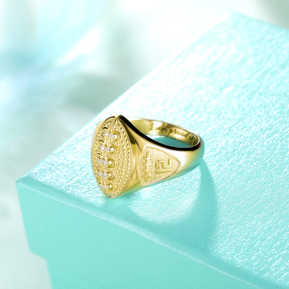 PERSONALIZED FOOTBALL RING WITH BIRTHSTONE AND ENGRAVING