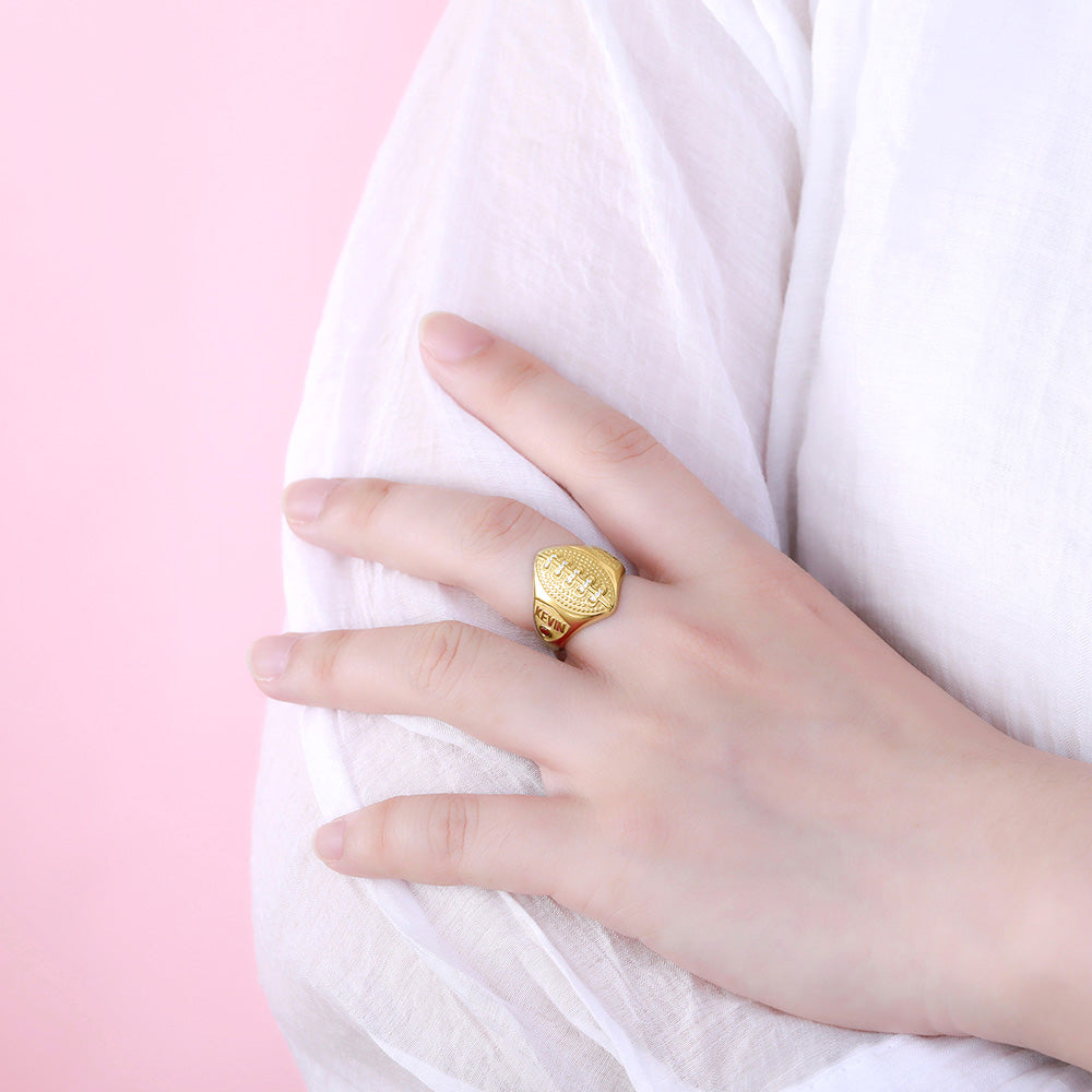 PERSONALIZED FOOTBALL RING WITH BIRTHSTONE AND ENGRAVING