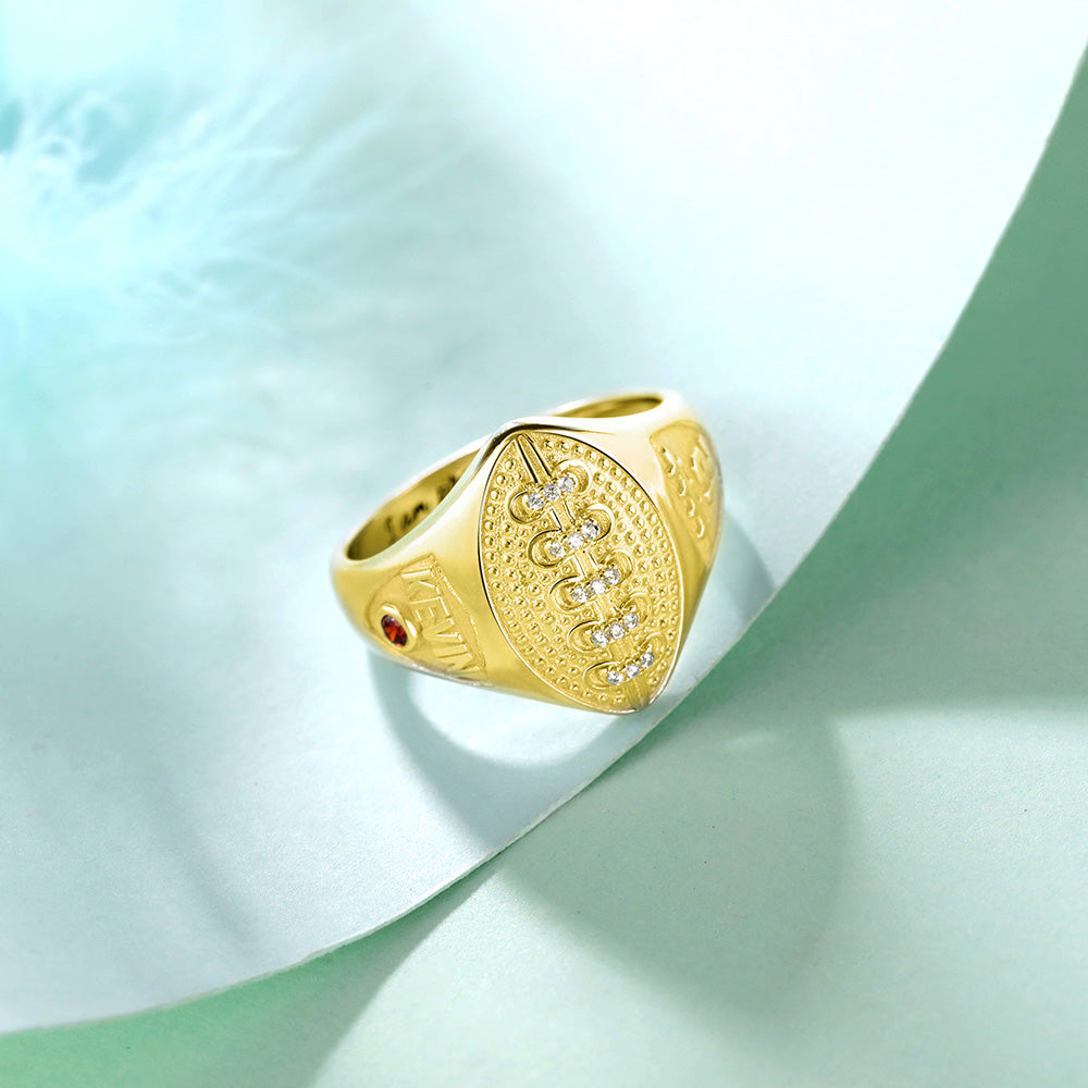 PERSONALIZED FOOTBALL RING WITH BIRTHSTONE AND ENGRAVING