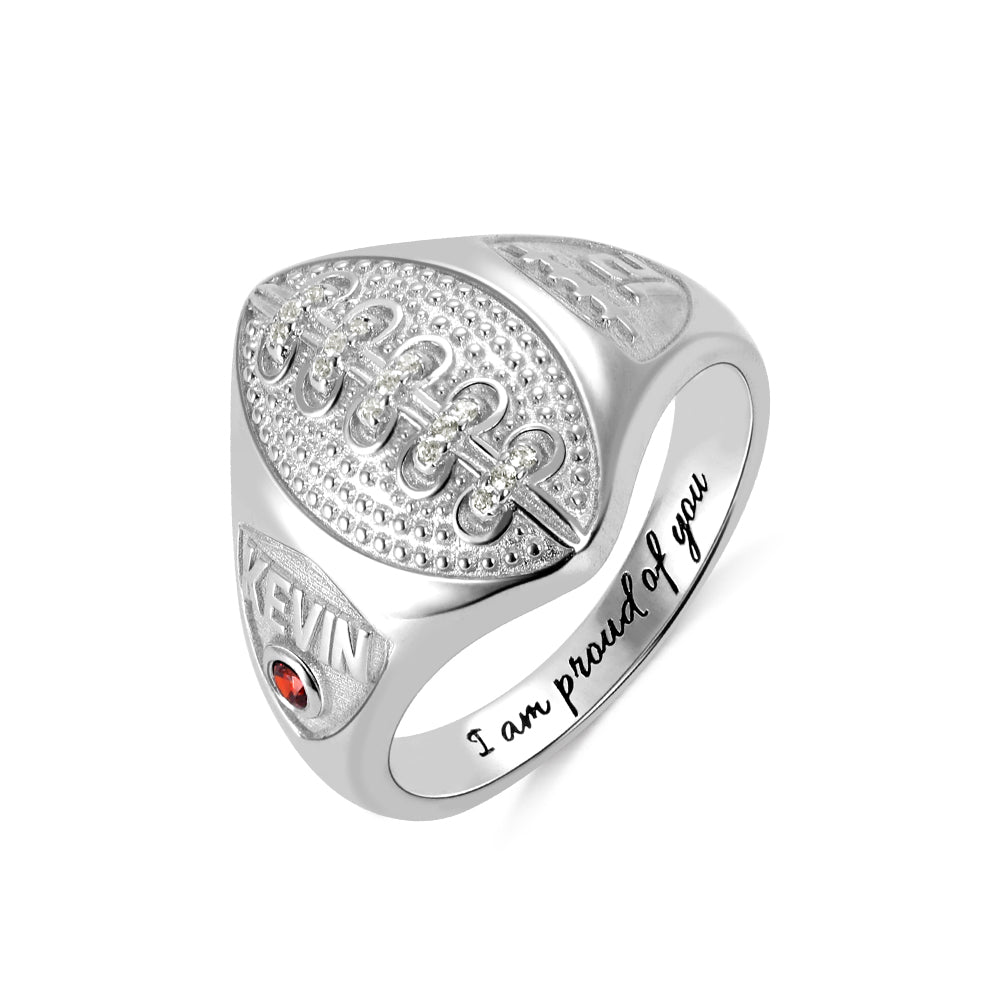 PERSONALIZED FOOTBALL RING WITH BIRTHSTONE AND ENGRAVING
