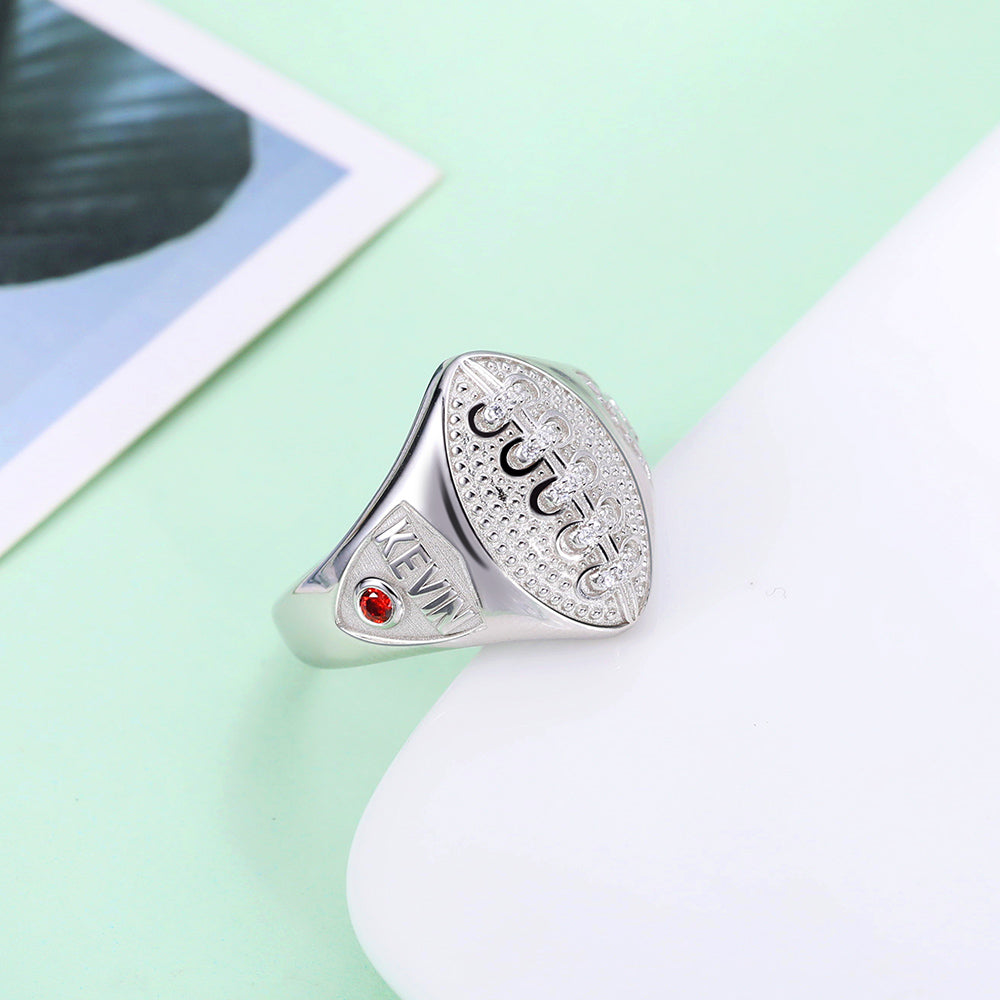 PERSONALIZED FOOTBALL RING WITH BIRTHSTONE AND ENGRAVING