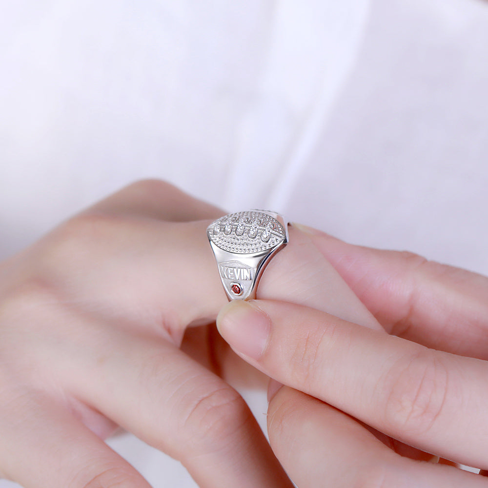 PERSONALIZED FOOTBALL RING WITH BIRTHSTONE AND ENGRAVING