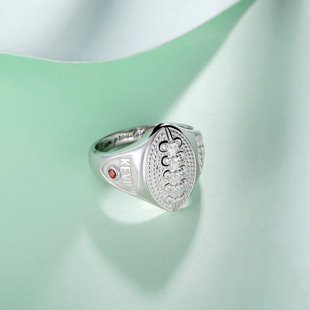 PERSONALIZED FOOTBALL RING WITH BIRTHSTONE AND ENGRAVING