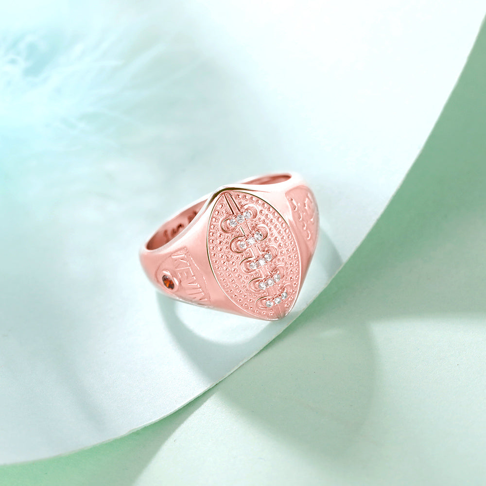 PERSONALIZED FOOTBALL RING WITH BIRTHSTONE AND ENGRAVING