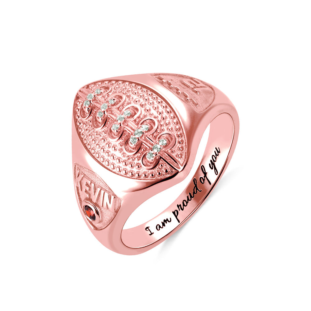 PERSONALIZED FOOTBALL RING WITH BIRTHSTONE AND ENGRAVING