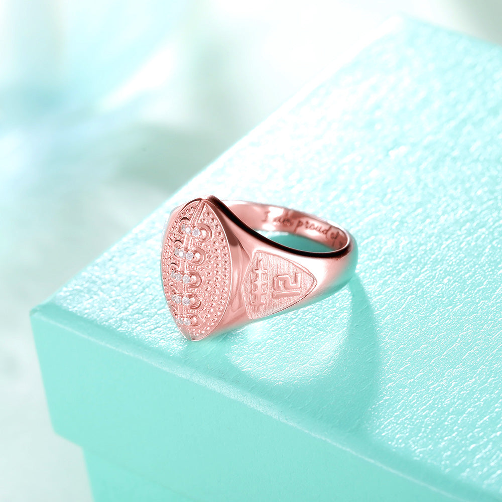 PERSONALIZED FOOTBALL RING WITH BIRTHSTONE AND ENGRAVING