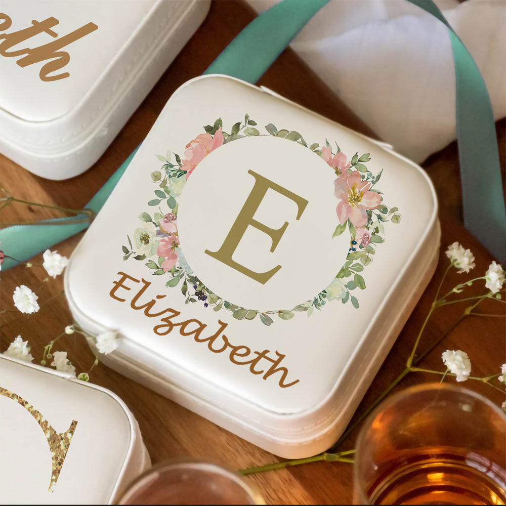 INITIAL & NAME JEWELRY TRAVEL CASE WITH FLOWERS