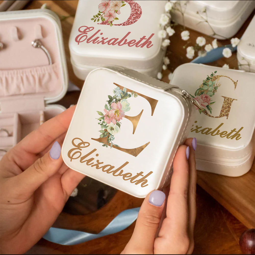 INITIAL & NAME JEWELRY TRAVEL CASE WITH FLOWERS