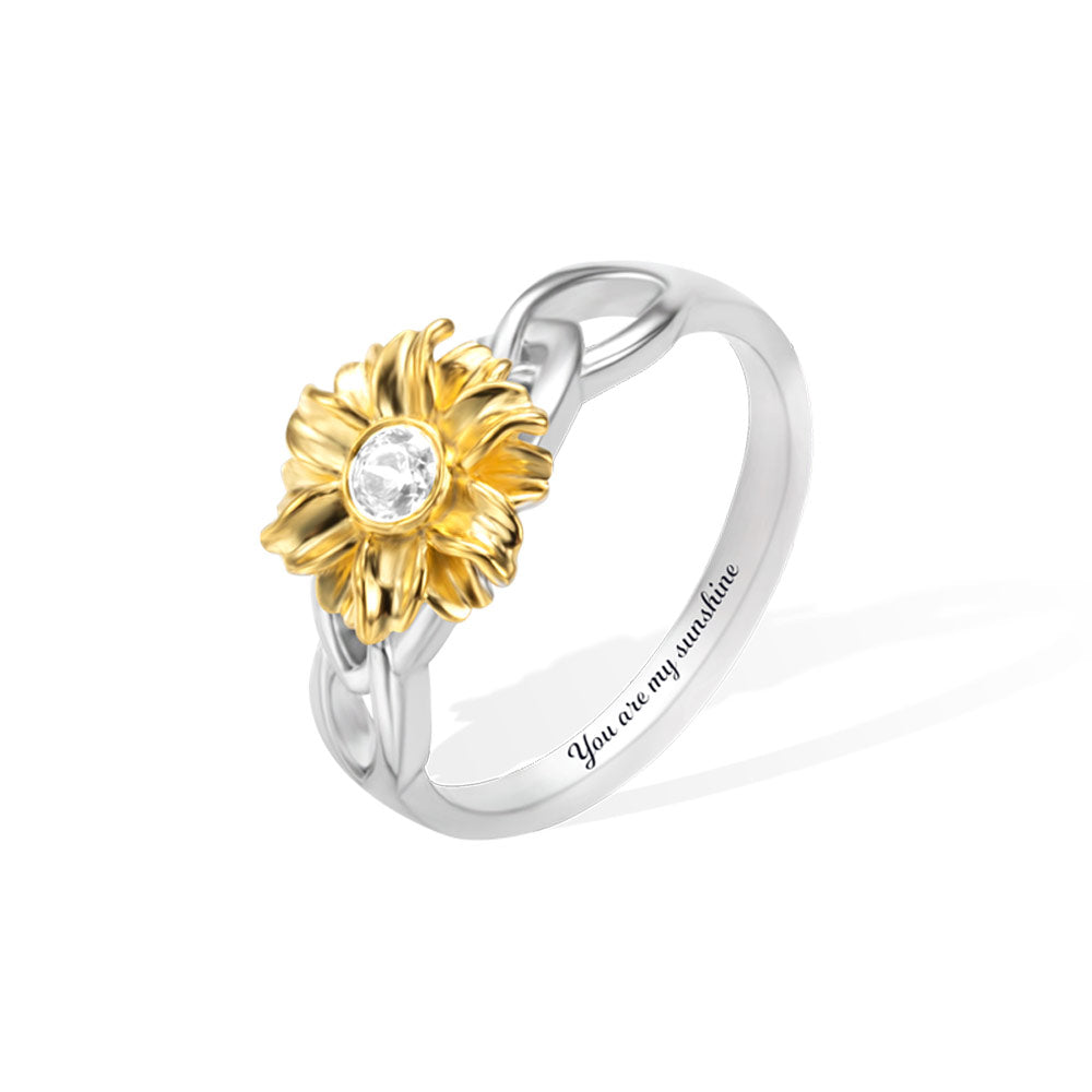 PERSONALIZED NAME SUNFLOWER RING WITH BIRTHSTONE
