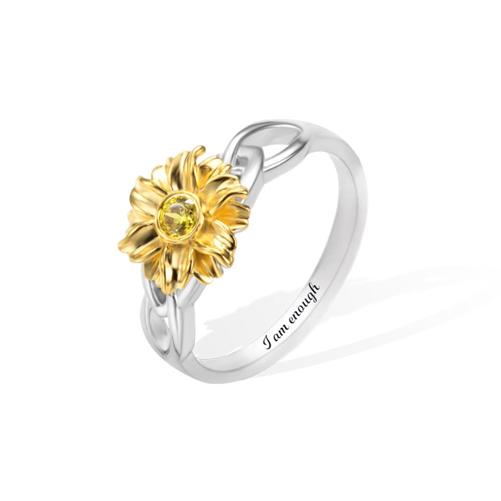 PERSONALIZED NAME SUNFLOWER RING WITH BIRTHSTONE