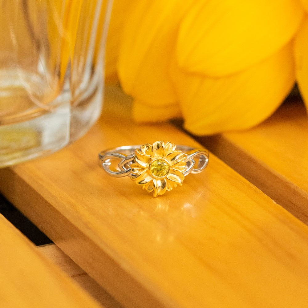 PERSONALIZED NAME SUNFLOWER RING WITH BIRTHSTONE