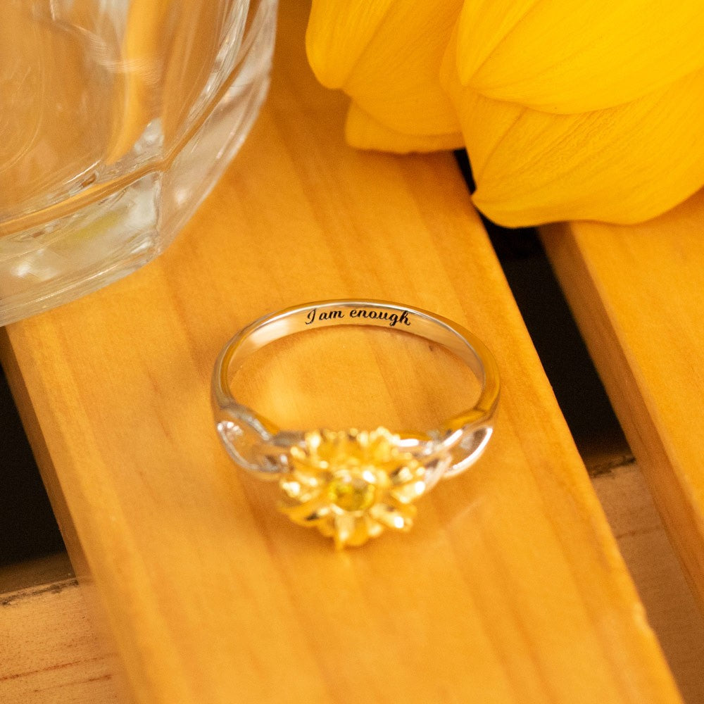 PERSONALIZED NAME SUNFLOWER RING WITH BIRTHSTONE