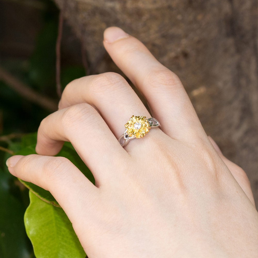 PERSONALIZED NAME SUNFLOWER RING WITH BIRTHSTONE