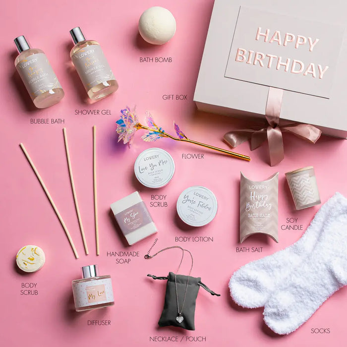 BIRTHDAY GIFT BASKET - BATH & SPA GIFT SET WITH CZ NECKLACE