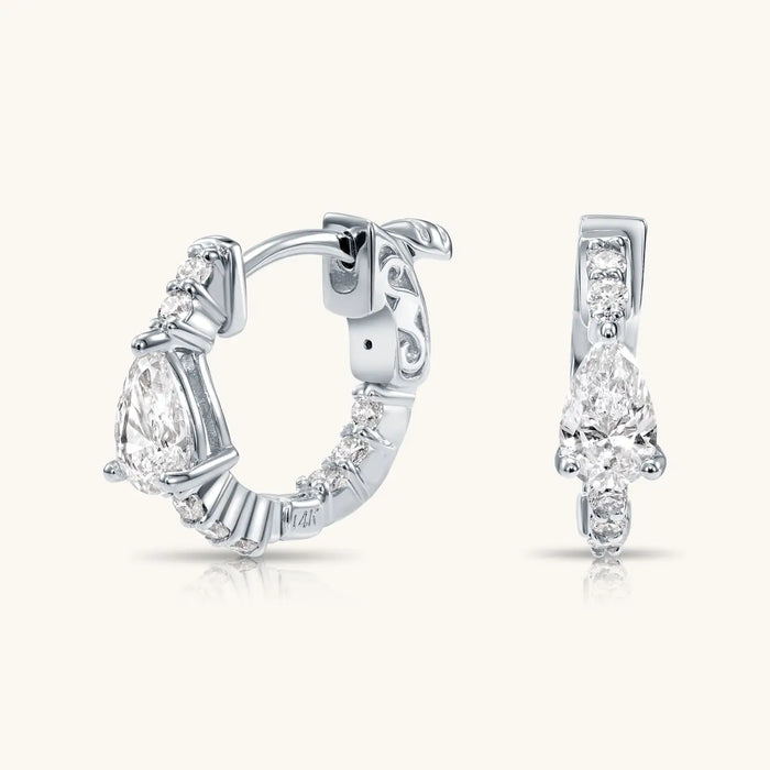 14K GOLD DIAMOND HOOP EARRINGS WITH PEAR SHAPE DIAMONDS
